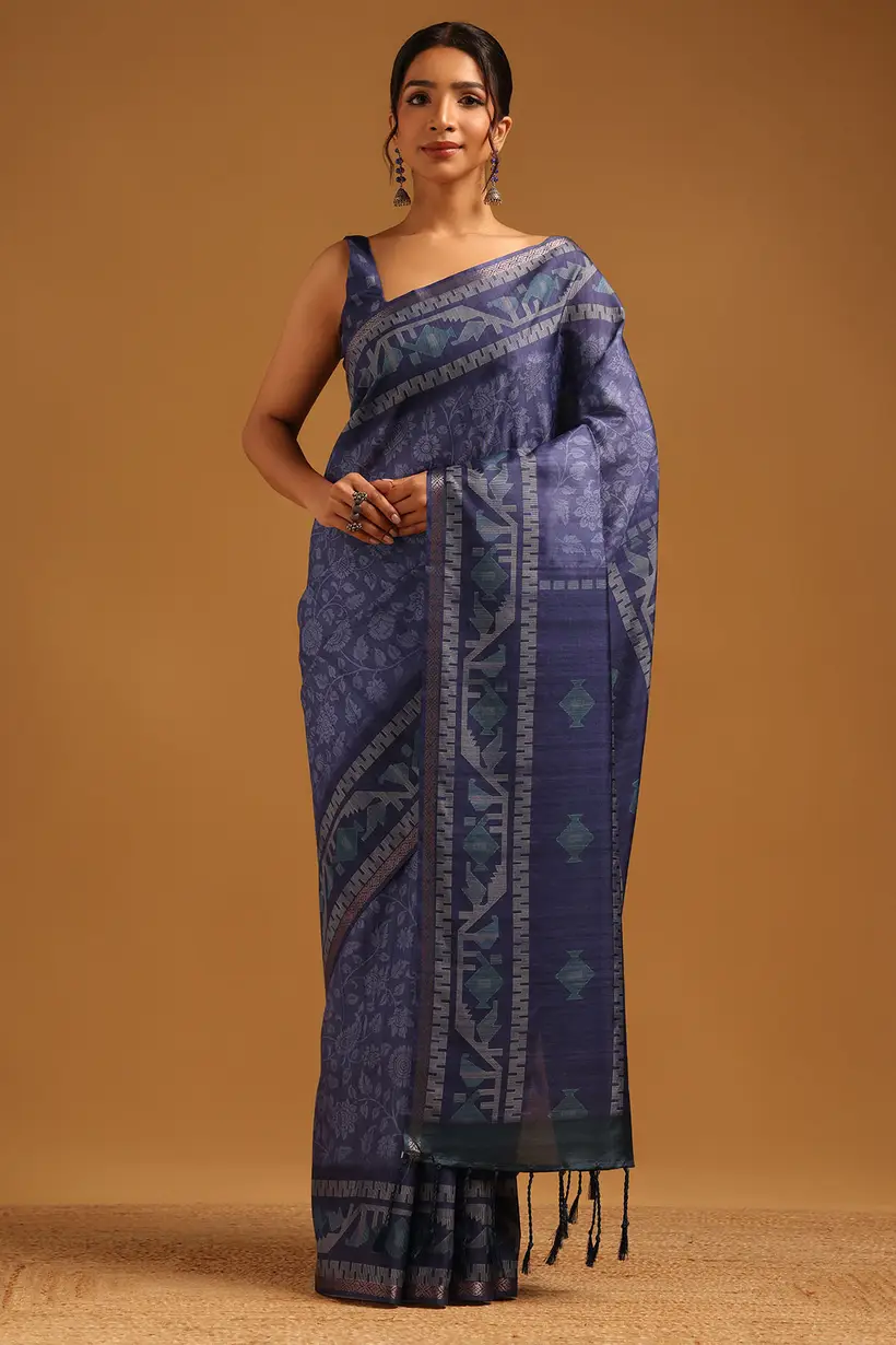 blue tussar botanical saree womens soch scrap
